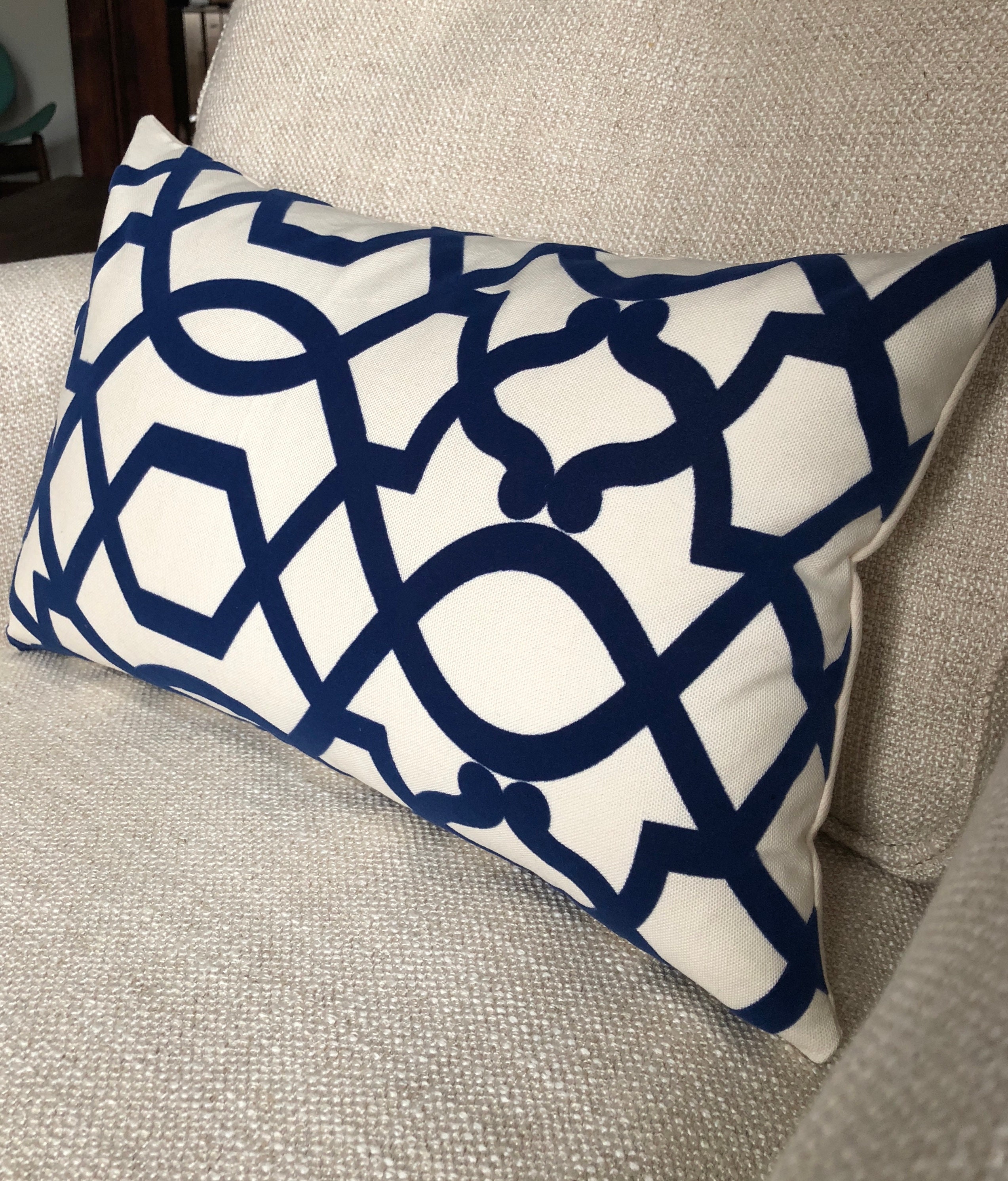 Blue and White Geometric Lumbar Pillow Cover, Velvet French Blue Lumbar