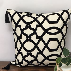 Glam Black and White Pillow Cover, Woven Cotton with Black Velvet Geometric Design and Black Tassels, Lumbar Pillow with Tassels, Hollywood
