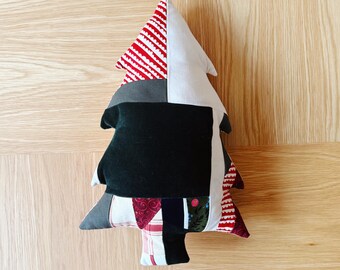 Patchwork Christmas Tree Pillow - Velvet, Plaid Holiday Decor