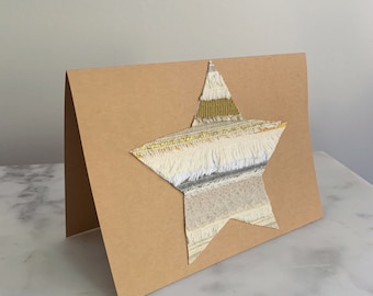 Handmade Star Holiday Greeting Card Eco Friendly Repurposed Fabric Card Gold Boho Christmas Card Hanukah Card Star Fringe Greeting Cards