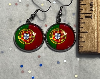 Portuguese Themed Design over Cabochon Glass Silver Plated Earrings