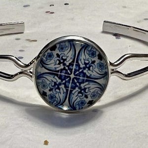 Handmade Silver Cuff Bangle Bracelet with Portugal Flag, Tile Cabochon Glass