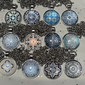Portuguese Tile Design over Cabochon Glass Silver Plated Pendant Necklace