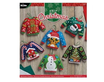 Bucilla Kit:  'Ugly Sweaters' Felt Christmas Ornament Stitchery Kit, 86674,  Set of 6 Ornaments