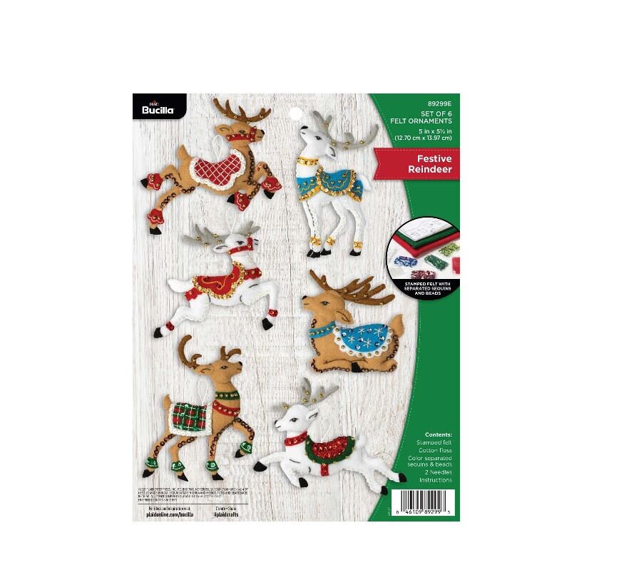 Bucilla Kit:  'Festive Reindeer Ornaments'  Felt Embroidery and Applique Kit - 89299E