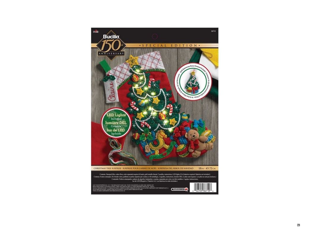 Bucilla: Christmas Tree Surprise w/String Lights, felt applique Christmas  stocking kit, 150 Anniversary Kit