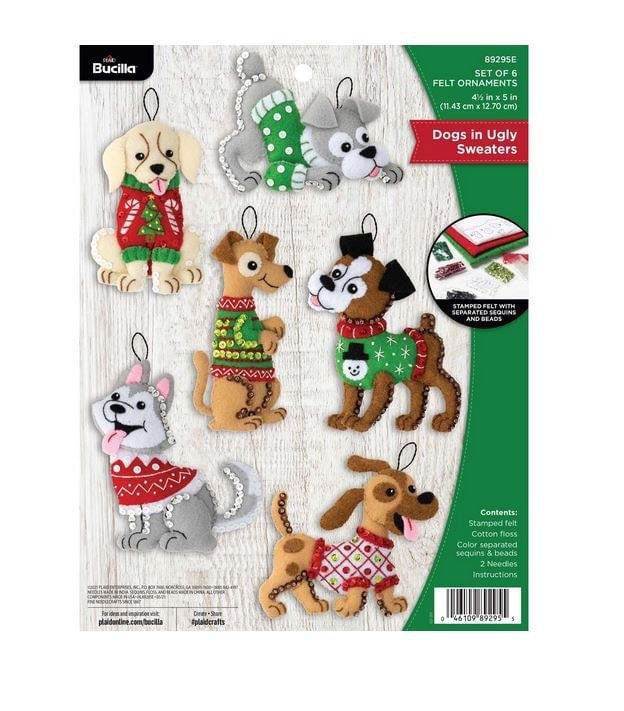 Bucilla Felt Ornaments Applique Kit Set of 6 - Dogs in Ugly Sweaters