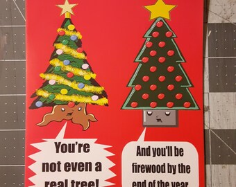 Real Tree Or Artificial Tree. Christmas Card