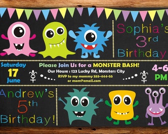 monster birthday invitation, monster invitation, monster birthday, chalkboard invitation,twins birthday invitation DIGITAL FILE (Aj)