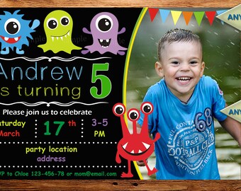 Sale monster birthday invitation, monster invitation, monster birthday, chalkboard invitation,twins birthday invitation DIGITAL FILE (Afy)