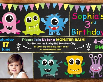 monster birthday invitation, monster invitation, monster birthday, chalkboard invitation,twins birthday invitation DIGITAL FILE (Ad)