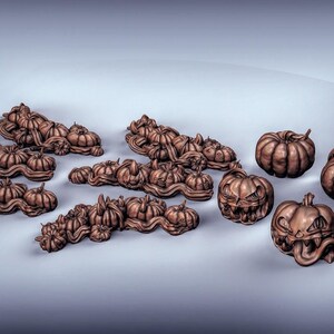 May include: A collection of carved pumpkins, some with spooky faces, others with a more traditional design. The pumpkins are arranged in a variety of ways, some in rows, others in clusters. The pumpkins are all made of a dark brown material, giving them a rustic look.