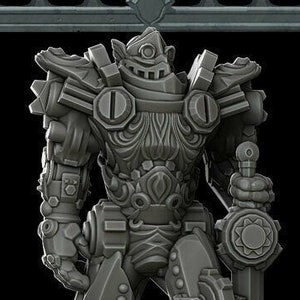 May include: A gray, detailed, clockwork knight miniature figure with a sword. The knight is wearing armor with intricate designs and a helmet with a crown. The figure is standing on a base with a skull design.