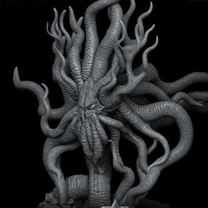 May include: A gray, detailed sculpture of a creature with multiple tentacles, a central head, and the text "Outer Realm Observer". The sculpture is framed with decorative elements and a skull emblem.