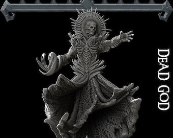 May include: A detailed, gray, skeletal figure of a dead god with a crown of thorns and a flowing robe. The figure is posed with one hand raised and the other outstretched. The text "DEAD GOD" is visible in the background.