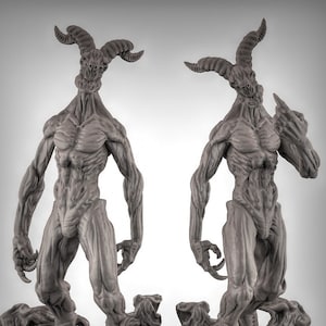 May include: Two grey, detailed, 3D printed sculptures of a demonic creature with horns and a muscular body. The creature is standing on a base of swirling, smoke-like forms.