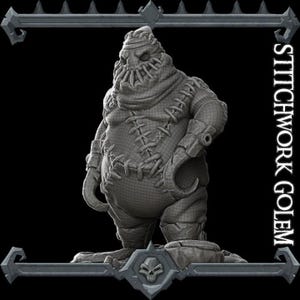May include: A grey, stitched, humanoid figure with a large head and a stitched mouth. The figure is standing on a rocky base. The text "Stitchwork Golem" is visible in the background.