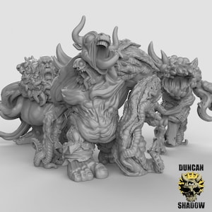 Könnte beinhalten: Ein Set aus drei grauen, detaillierten Fantasy-Kreaturen-Figuren. Die Kreaturen sind ein stierartiges Monster, ein tentakelartiges Monster und eine Kreatur mit einem großen Maul.