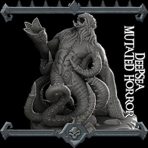May include: A grey, detailed, 3D printed miniature of a monstrous, tentacled creature with a gaping maw. The creature is labelled "Deep Sea Mutated Horror".