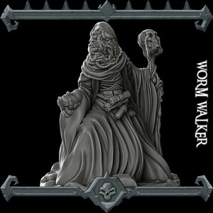 May include: A gray, detailed miniature figure of a cloaked figure with a skull-like staff and the text "WORM WALKER" on the right side of the image.