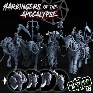 May include: A set of four 3D printed miniature figures of riders on skeletal horses, with the text "HARBINGERS OF THE APOCALYPSE" at the top of the image. The figures are grey and appear to be unpainted. The image also includes four additional 3D printed miniature horse heads, which are also grey and unpainted. The text "PRESUPPORTED BY ATLAS" is at the bottom of the image.