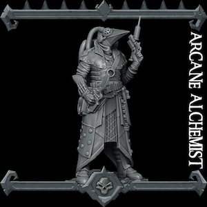 May include: A gray, detailed miniature figurine of an arcane alchemist wearing a long coat, a mask, and holding a syringe and a pistol. The figurine is standing on a base with a skull design. The text "ARCANE ALCHEMIST" is visible in the background.