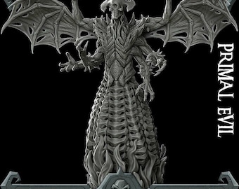 May include: A detailed, gray, skeletal, demon-like figure with wings and a long, flowing, segmented skirt. The figure is posed with arms raised and has a skull-like head. The text "PRIMAL EVIL" is visible in the background.