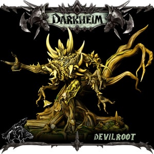 Könnte beinhalten: Eine goldene, baumartige Kreatur mit scharfen Dornen und knorrigen Ästen. Die Kreatur steht auf einem Sockel mit grünem Laub. Der Text "DARKHEIM" und "DEVILROOT" ist auf dem Bild zu sehen.