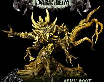 May include: A golden, tree-like creature with sharp thorns and gnarled branches. The creature is standing on a base with green foliage. The text "DARKHEIM" and "DEVILROOT" are visible in the image.
