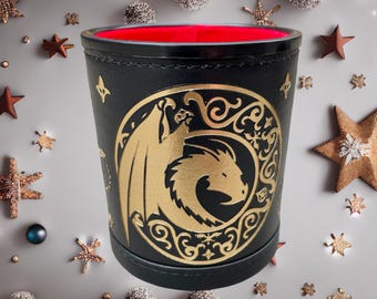 Luxury Leather Dungeons and Dragons Themed Dice Shaker Tumbler With Gold Foil Design
