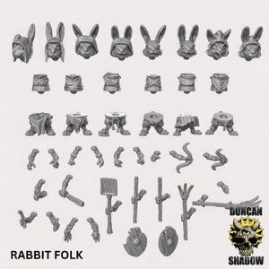 Op de afbeelding: Een set van 3D-geprinte miniatuurfiguren die konijnenvolk voorstellen, inclusief hoofden, torso's, benen, armen en wapens. De figuren staan in verschillende poses en zijn klaar om te worden geschilderd.