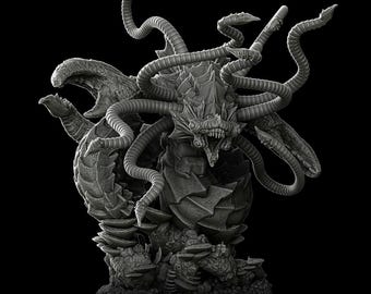 May include: A detailed grayscale sculpture of a monstrous creature with multiple tentacles, sharp teeth, and a spiky exterior. The creature is set against a black background, showcasing its intricate design and menacing appearance. The sculpture is a fantasy or horror-themed item.