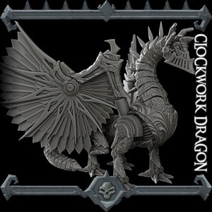 May include: A detailed, grey, 3D printed model of a clockwork dragon with intricate gears and a large, feathered wing. The dragon is standing on all fours with its head held high. The text "CLOCKWORK DRAGON" is printed on the right side of the image.