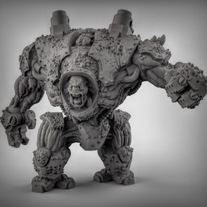 May include: A gray, detailed, 3D printed miniature of a monstrous, bio-mechanical creature with a gaping maw and multiple appendages. The creature is standing on a plain, gray background.