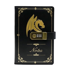 May include: Black leather journal with a gold dragon design and a combination lock. The journal says "Notes" in gold lettering.