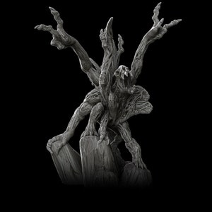 Può includere: Scultura grigia e dettagliata di una creatura mostruosa con arti multipli e un volto grottesco. La creatura è posizionata su una base rocciosa su sfondo nero, mostrando il suo design e la sua trama intricati.