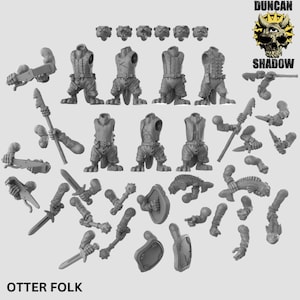 May include: A set of grey plastic miniature figurines of otter people, or otter folk, with various weapons and shields. The miniatures are for tabletop role-playing games or wargaming.
