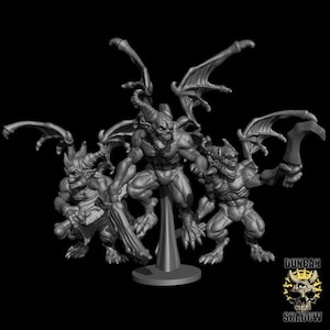 May include: A set of four grey, detailed, miniature gargoyle figurines with wings. The gargoyles are posed in a variety of dynamic positions, with one standing on a base.