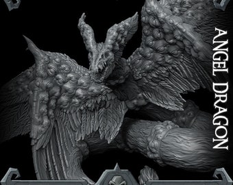May include: A detailed, gray, 3D printed model of a dragon with wings covered in eyes. The dragon has a long, thin snout with sharp teeth and horns on its head. The text "ANGEL DRAGON" is printed on the right side of the image.