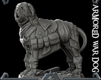 May include: A grey, armoured war dog figurine with a detailed sculpt and a textured surface. The dog is wearing armour with pouches and straps. The figurine is standing on a base with a skull design.