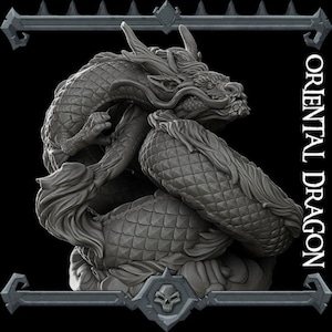 May include: A grey, detailed, curled up oriental dragon sculpture. The dragon has a long, thin tail and a large head with a wide mouth. The sculpture is made of a smooth, textured material.