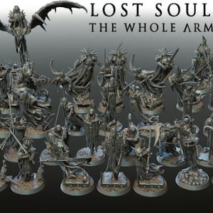 May include: A collection of 30 miniature figures, painted in a dark gray color, depicting a variety of characters from the Lost Souls game. The figures are arranged in a circle on a gray background. The text "LOST SOULS THE WHOLE ARMY" is displayed at the top of the image.