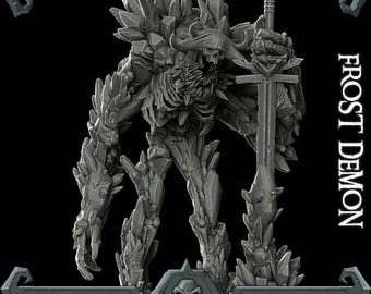May include: A gray, crystalline demon figure with a sword, standing on a base of ice crystals. The demon has a skeletal appearance and is covered in sharp, jagged crystals. The sword is long and thin, with a sharp point. The figure is labeled "Frost Demon".