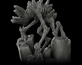 Könnte beinhalten: Eine detaillierte, graue, 3D-gedruckte Miniatur eines monströsen Wesens mit scharfen Zähnen und Krallen, das auf felsigem Gelände steht.