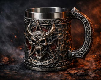 Dark Fantasy Skull Tankard | Hand-Painted Gothic Mug, Latin Inscriptions, Pentagram (DnD Gift)