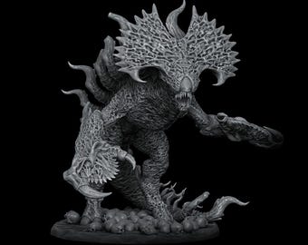 Könnte beinhalten: Eine detaillierte graue 3D-gedruckte Miniatur eines monströsen Wesens mit Hörnern, Stacheln und Krallen. Das Wesen steht auf einem Sockel aus Schädeln.