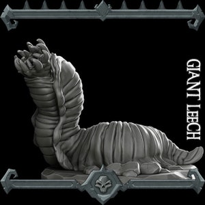Puede incluir: Un modelo gris, detallado, impreso en 3D de una sanguijuela gigante, una criatura mítica, con un cuerpo segmentado y una gran boca. El modelo está colocado sobre una base rocosa. El texto "GIANT LEECH" está impreso en el lado derecho de la imagen.