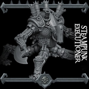 Puede incluir: Una detallada figura de robot steampunk gris con un hacha grande, engranajes y tuberías. El robot está en una pose dinámica, con una pierna levantada y el hacha en alto. El texto "STEAMPUNK EXECUTIONER" está impreso en el lado derecho de la imagen.
