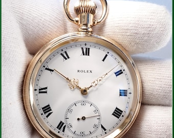 Orologio da tasca antico ROLEX placcato oro, fabbricato in Svizzera - 10 carati - con catena, anno 1929, Regno Unito.