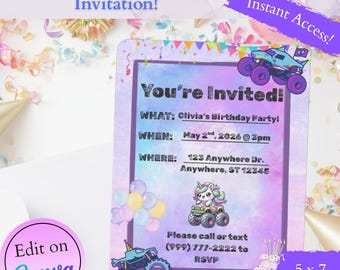 Purple Monster Truck Birthday Invitation Template | Editable Canva Template | Digital Download